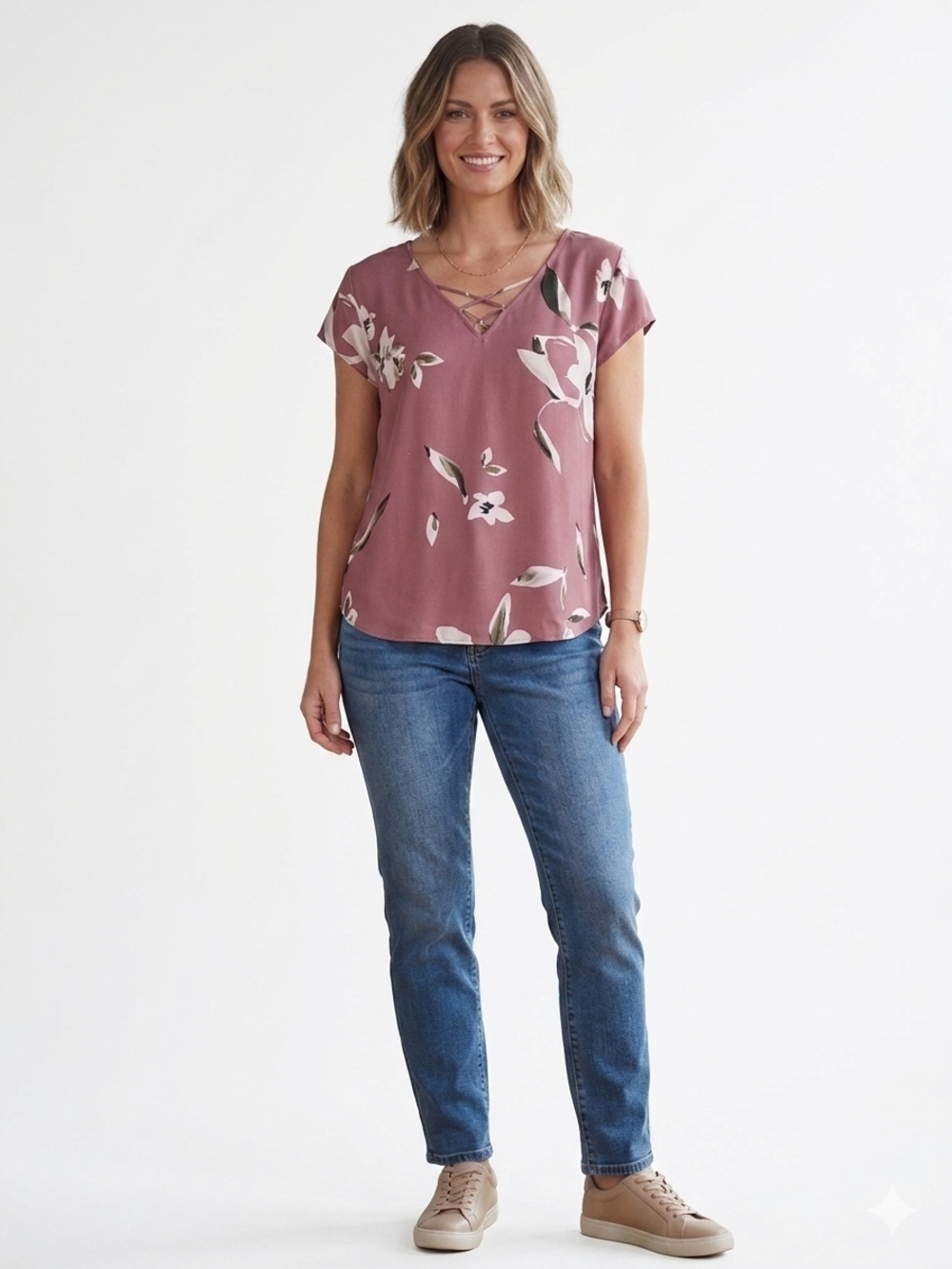Mauve Pink Floral Lace-Up V-Neck Blouse